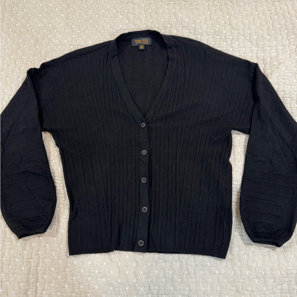 Black Ribbed Cardigan Cropped Button Front Knit Sweater Women’s Size